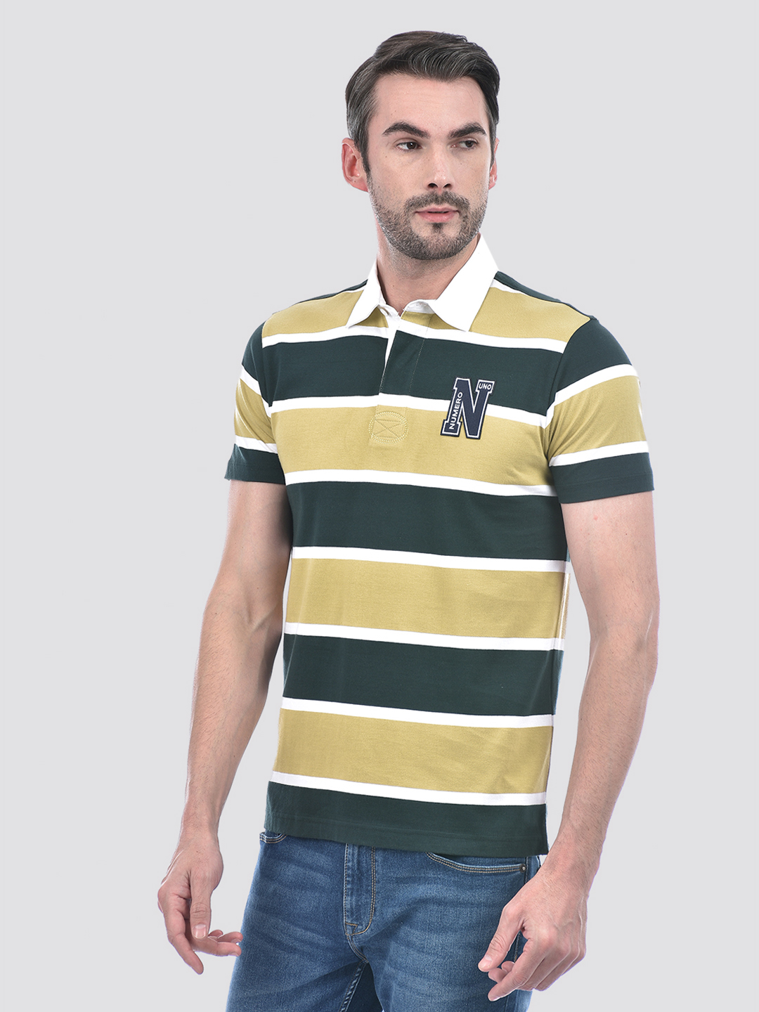 Numero Uno Men Olive And White Striped Polo T-Shirt